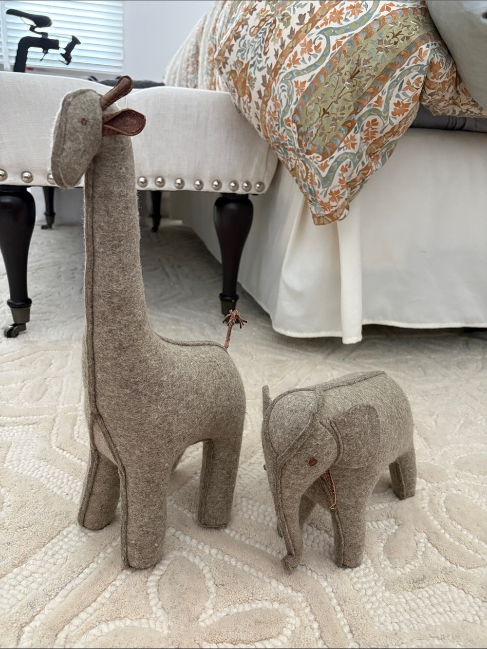 Restoration Hardware Neutral Wool Giraffe and Elephant book ends